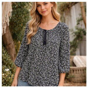 Mystree Navy Blue Floral Boho Peasant Blouse Tassel Tie Top NWT